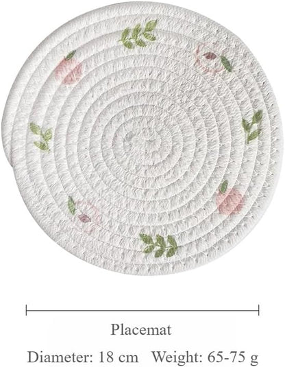 Round Placemats Fruit & Floral Pattern Rope Braided Place Mats Cute Fruit Table Mats,12 Inch,4-Piece Set (Peach,7inch/18cm)