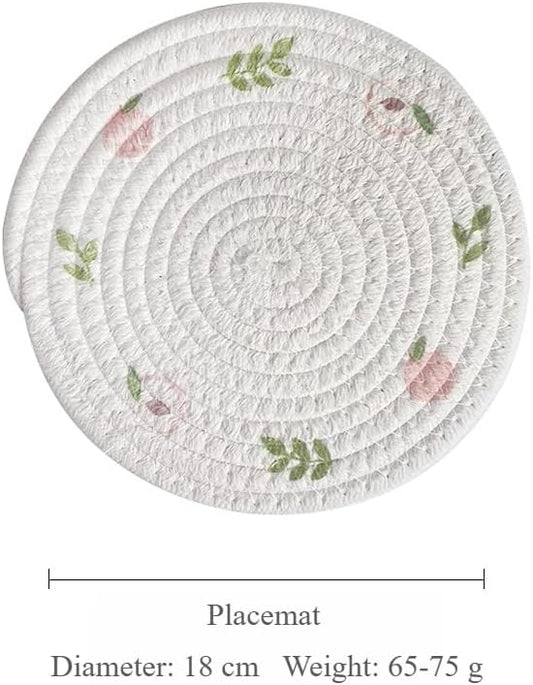 Round Placemats Fruit & Floral Pattern Rope Braided Place Mats Cute Fruit Table Mats,12 Inch,4-Piece Set (Peach,7inch/18cm)