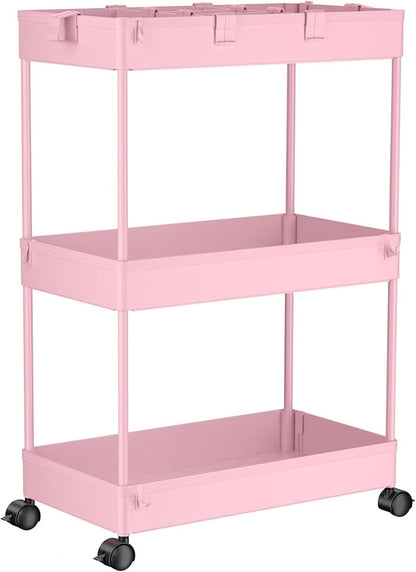 SPACELEAD 3 Tier Rolling Cart with Wheels, Storage Craft Art Trolley Organizer Serving, 3 Hanging Baskets Easy Assembly, for Office, Living Room, Kitchen, Pink