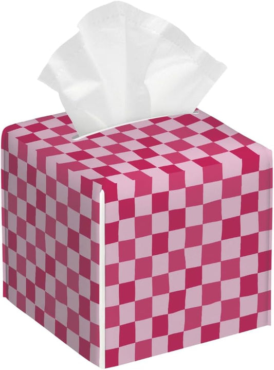 Pink Checkerboard Tissue Box Cover, Waterproof PU Leather Tissue Holder Organizer, Decorative Tissues Cube Boxes for Bedroom Dresser Nightstand