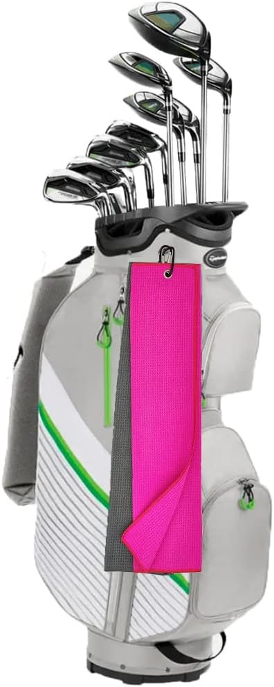 2 Pack Tri-Fold Microfiber Towels Set with Carabiner Clip - Waffle Pattern Golf Towels for Bags - Outdoor Sports Towel Gifts (2 Pcs Pink + Pink)