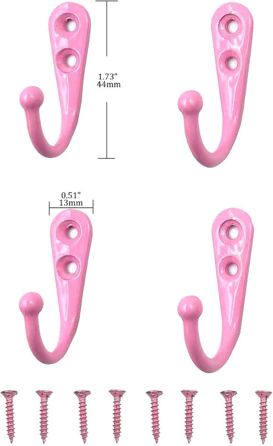 4 Pcs Wall Mounted Hooks for Bedroom,Bathroom,Kitchen,and Cabinet Hangers (with 8 Screws)-Pink