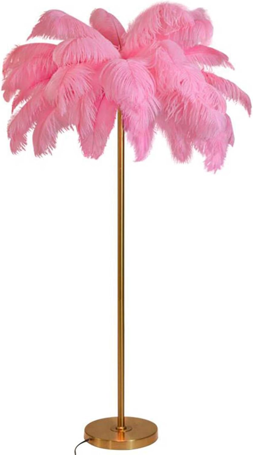 Elegant Nordic Natural Ostrich Feather Floor Lamps,Palm Tree Standing Light, Living Room Office Princess Bedroom Bedside Lamp, Decor Lighting (Pink)