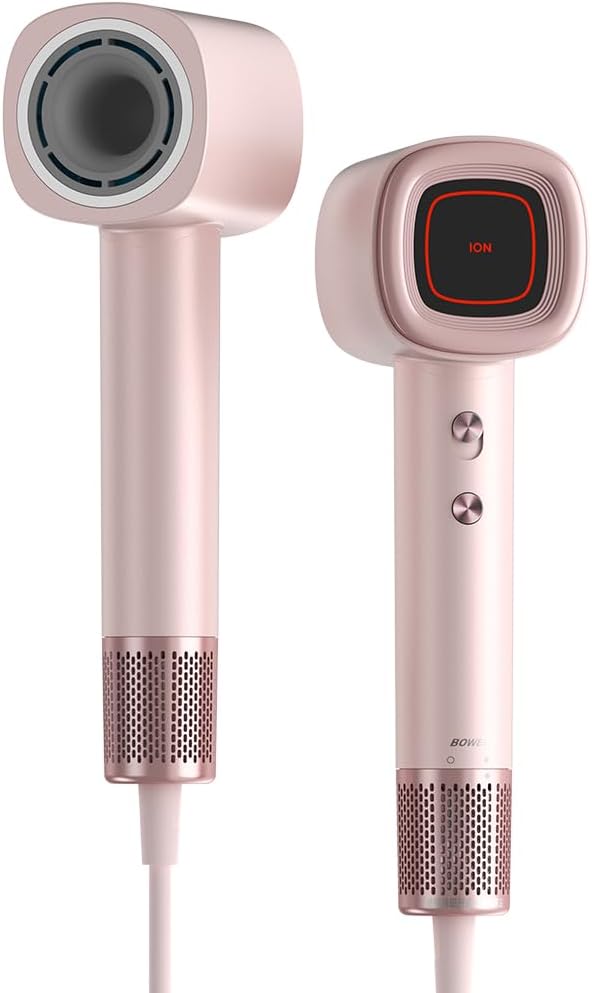 Hair Dryer,BOWEI Professional Ionic Quiet Blow Dryer with Magnetic Concentrator,110000 RPM Brushless Motor,Travel-Friendly Smart Temperature Control for Men Women Kids Pink