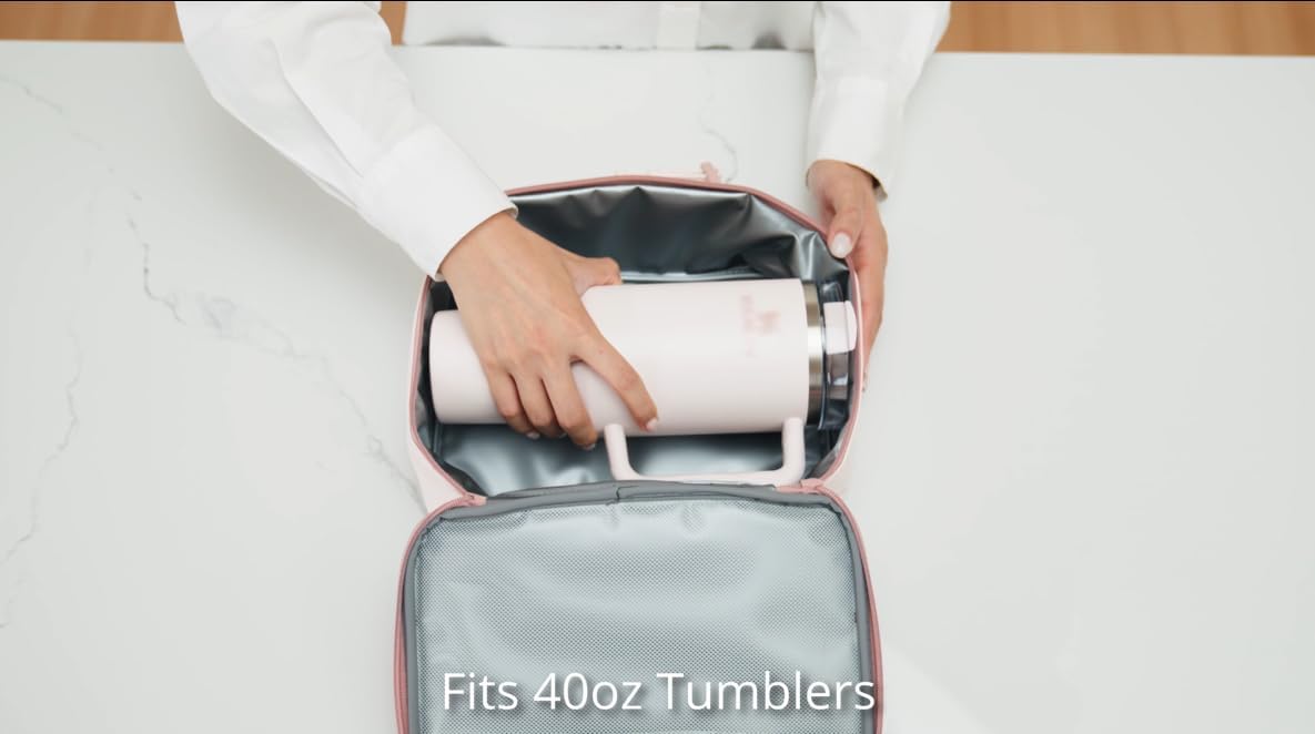 Mess Hall Insulated Lunch Bag Leak Resistant Soft Shell Cooler Box with AirTag Pouch, Adjustable Handle, Pink Rose Quartz, Easy Clean for Work School Office Men Women Kids
