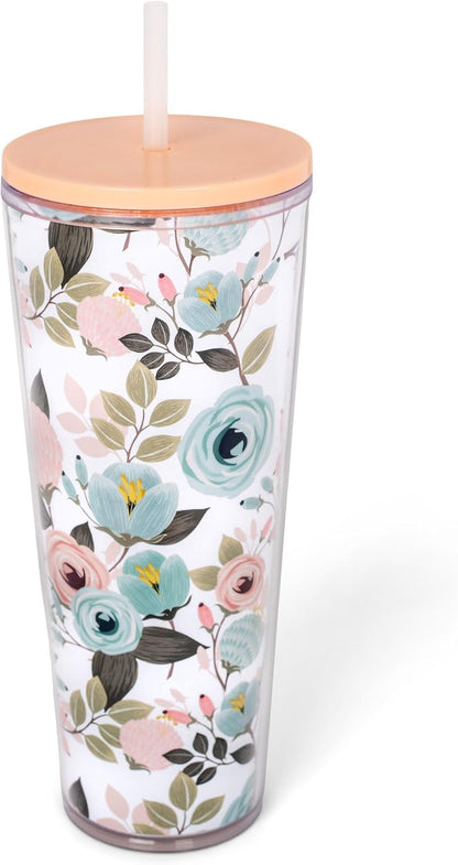 SH00059 Peachy Pink Floral Foliage 24 ounce Acrylic Travel Tumbler with Straw For Iced Coffee or Water