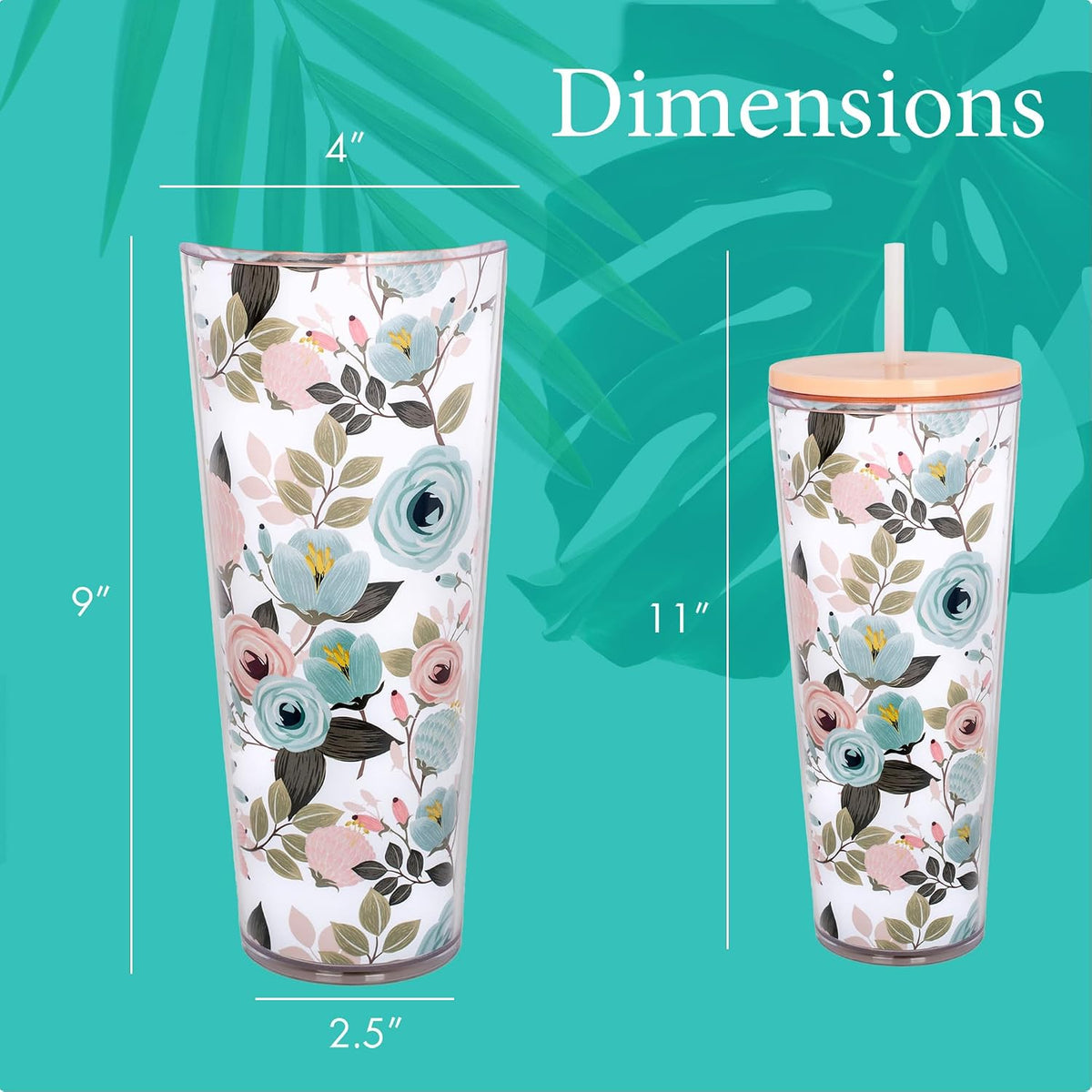 SH00059 Peachy Pink Floral Foliage 24 ounce Acrylic Travel Tumbler with Straw For Iced Coffee or Water