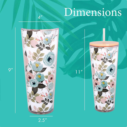 SH00059 Peachy Pink Floral Foliage 24 ounce Acrylic Travel Tumbler with Straw For Iced Coffee or Water