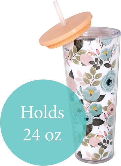 SH00059 Peachy Pink Floral Foliage 24 ounce Acrylic Travel Tumbler with Straw For Iced Coffee or Water