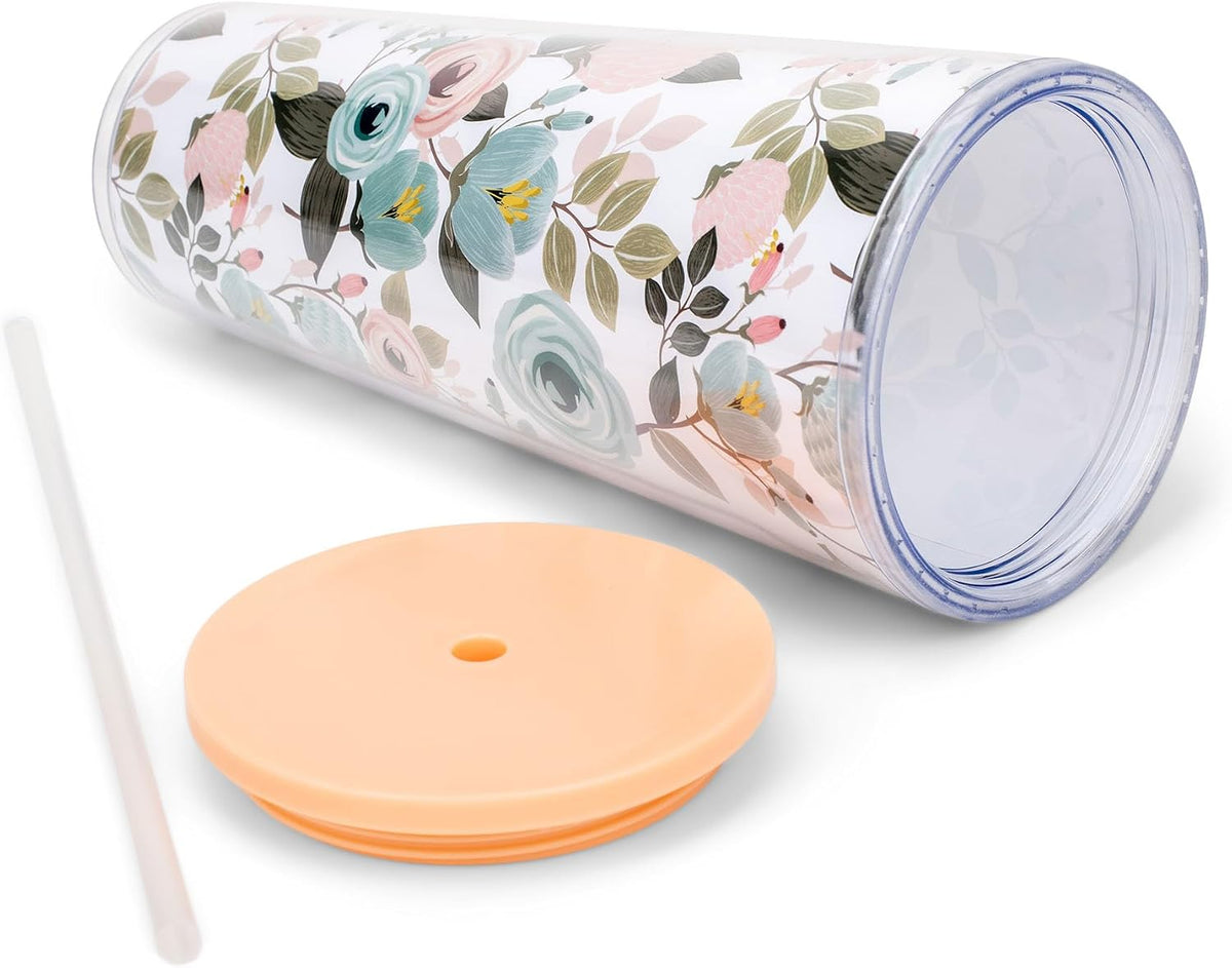 SH00059 Peachy Pink Floral Foliage 24 ounce Acrylic Travel Tumbler with Straw For Iced Coffee or Water
