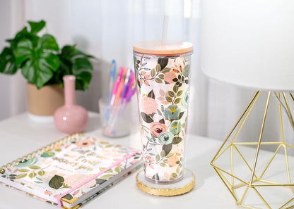 SH00059 Peachy Pink Floral Foliage 24 ounce Acrylic Travel Tumbler with Straw For Iced Coffee or Water