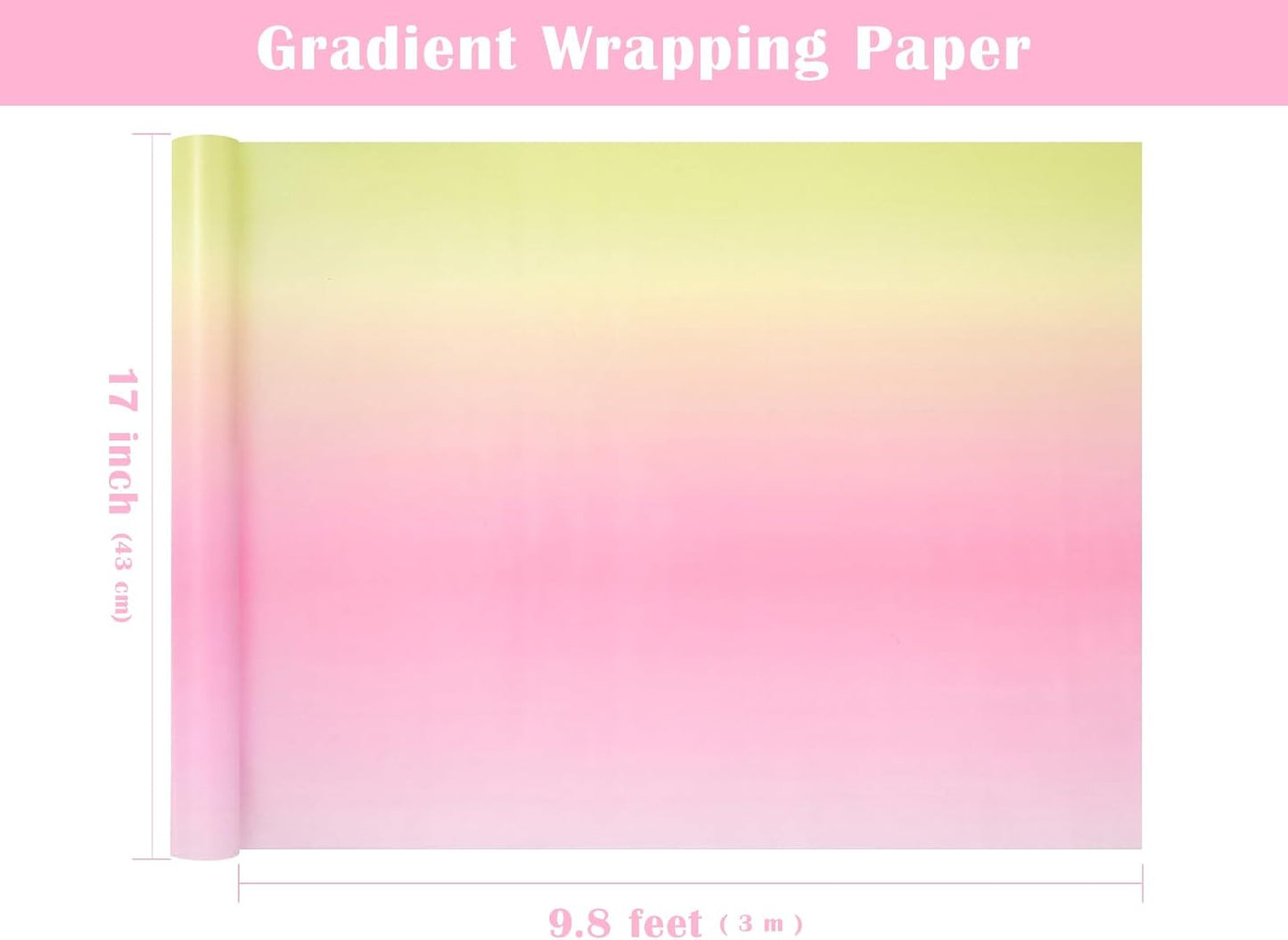 WRAPAHOLIC Gradient Birthday Wrapping Paper Roll - Mini Roll - 17 Inch x 10 Feet - Light Pink - Yellow Wrapping Paper Perfect for Girls Boys Kids Birthday, Wedding, Holiday, Baby Shower Packing