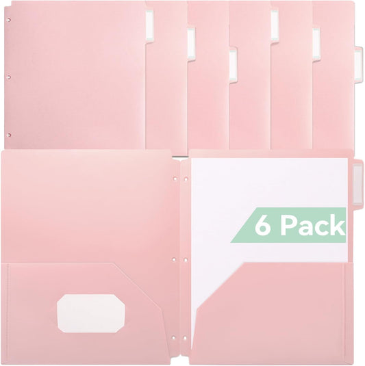 SortRax Plastic Folders with Pockets 3 Hole Punched, 6 Pack Pink Pocket Folders for 3 Ring Binder, Unique 1/3 Cut Tabs with Colorful Labels, School Folders, Letter Size