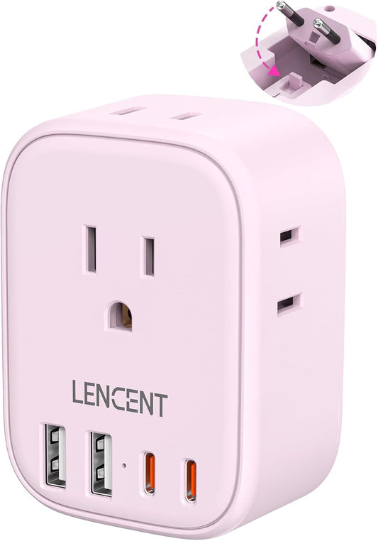 European Travel Plug Adapter, LENCENT US to Europe Type-C Foldable Power Plug with 4 Outlets 4 USB Ports (2 USB C), Power Adaptor for USA to EU Euro Iceland Spain Italy France Germany Greece, Pink