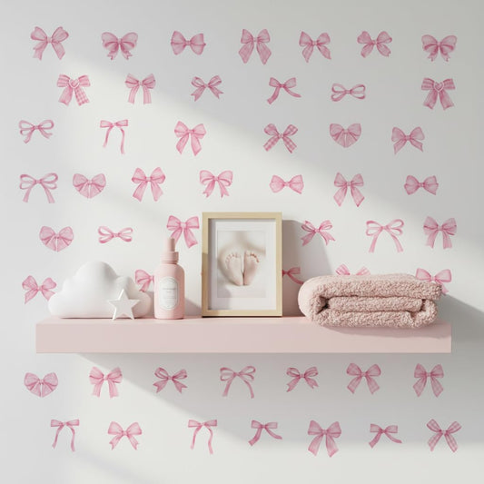60Pcs Watercolor Bowtie Wall Stickers - Coquette Aesthetic Vinyl Decals for Room Decor in Light Pink, Sky Blue, Mint Green, Lavender Peel and Stick Nursery, Bedroom, Kindergarten Wall Art (Pink)