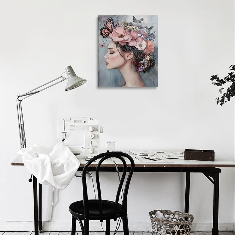 Woman with Flower Crown and Butterflies Canvas Wall Art Framed Print Painting Feminine Floral Portrait Pastel Pink Wall Decor Artwork for Bedroom Nursery Office Dreamy Ethereal Aesthetic 12x16 Inches