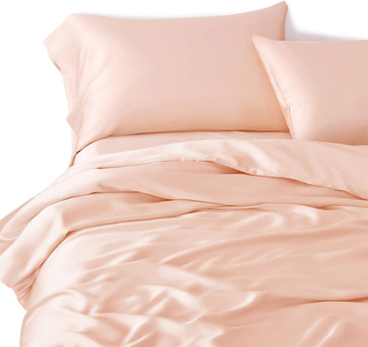 Full Size 4-Piece Sheet Set 14 Momme High-Fashion Inspired Mulberry Silk Bed Sheets Set Fits 14-18" Deep Pocket, Limited-Edition Mulberry Silk Bed Collection (Solid, Peach)