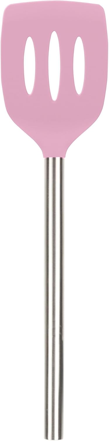 Tovolo Slotted Silicone Spatula Turner Slotted Stainless Steel Handle 10" Pink Sorbet Heat Resistant Non Toxic BPA Free Kitchen Utensil, Silicone Egg Pancake Flipper Metal Handle Turner for Cooking