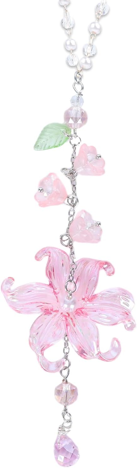 Lily of The Valley Leaf Car Charm - Pink Waterlily Crystal Drop Floral Sun Catcher for Rear View Mirror Decor, Resin Flower Beads Cars Interior Hanging Accessory for Women Men