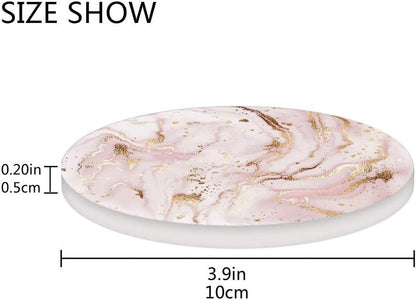 Coasters for Drinks Absorbent Round Liquid Marble Painting Gold Pink Ceramic Stone Anti Scratch Cork Housewarming Gifts Wedding Living Room Office Decoration Bar 3.9Inch Set of 2