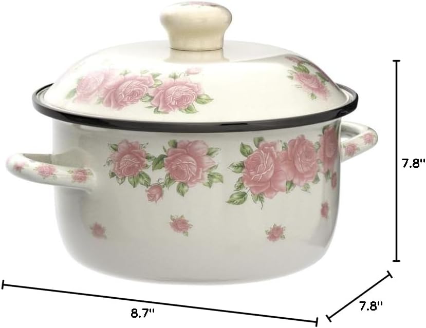 Retro Flower Enamel Stockpot with Lid,Stockpots for Cooking (Rose pink -3QT)