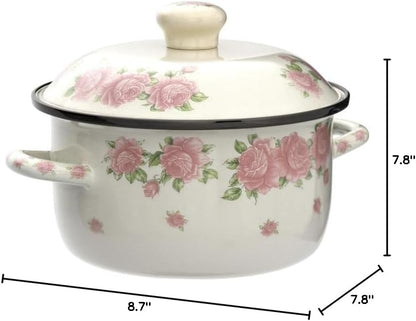 Retro Flower Enamel Stockpot with Lid,Stockpots for Cooking (Rose pink -3QT)