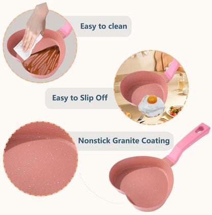 Mini Nonstick Egg Pan, Small Frying Pan with Unique Heart-shaped, One Egg Frying Pan with Granite Coating, Multi-functional Frying Pan for Cooking Eggs, Pancake, Sausages and Burgers, Pink