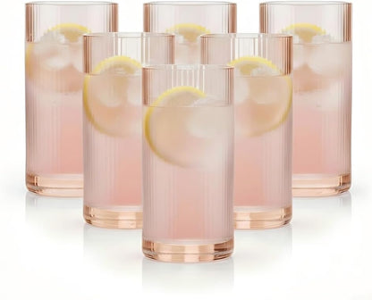 Physkoa Peach Ribbed Drinking Glasses Set of 6 – Vintage Embossed Highball Glassware, Thick Premium Tumbler Cups for Water, Cocktails, Iced Coffee, Modern Kitchen Bar Gift Set