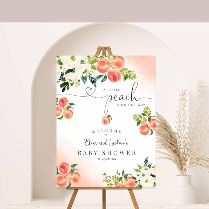 Personalized A Little Peach Baby Shower Welcome Sign for Girl - Custom Summer Fruit Baby Shower Poster - Peach Themed Decoration - Cute Welcome Sign for Party or Event Decor