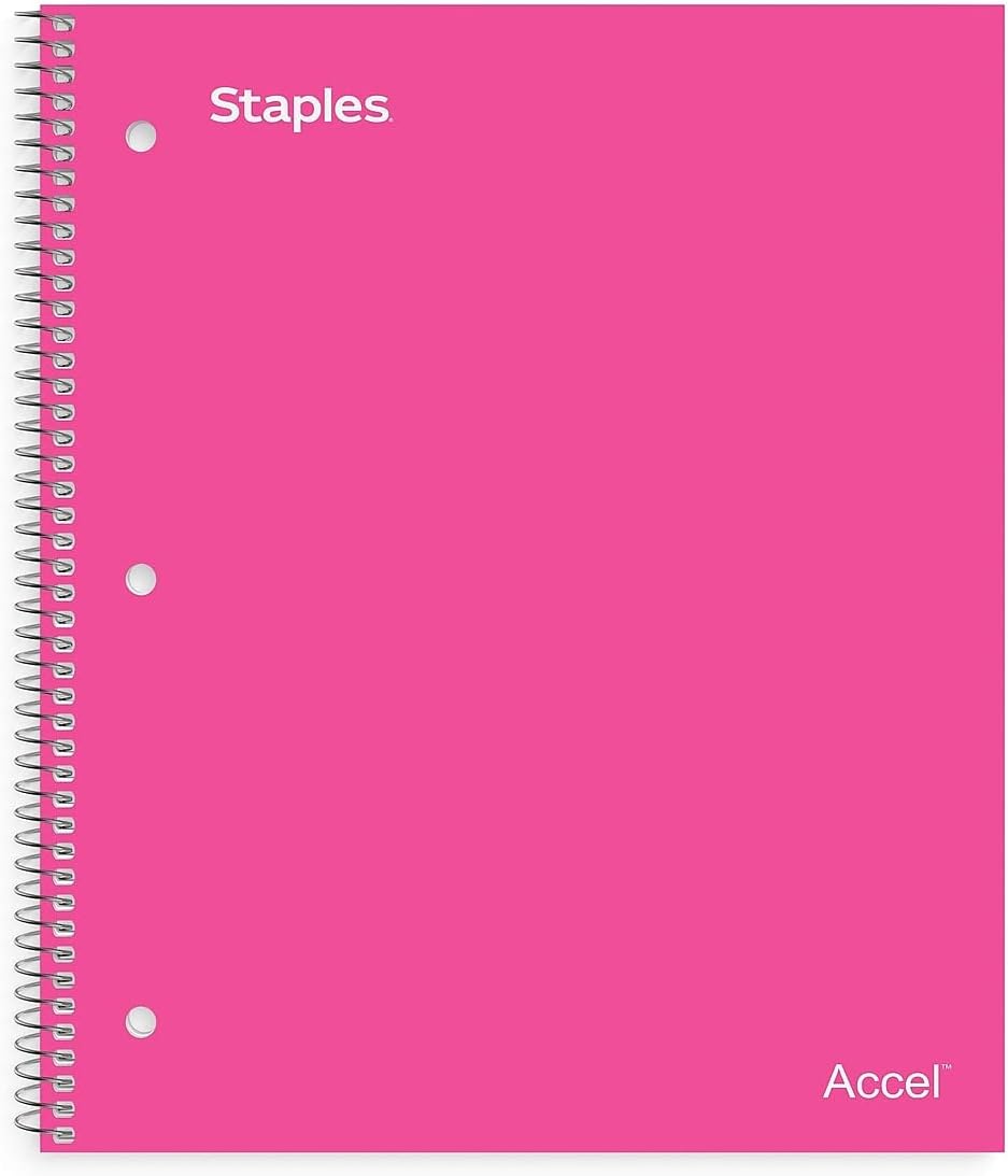 STAPLES Durable Poly Cover 1‑Subject Notebook, 8.5” x 11”, College Ruled, Pink