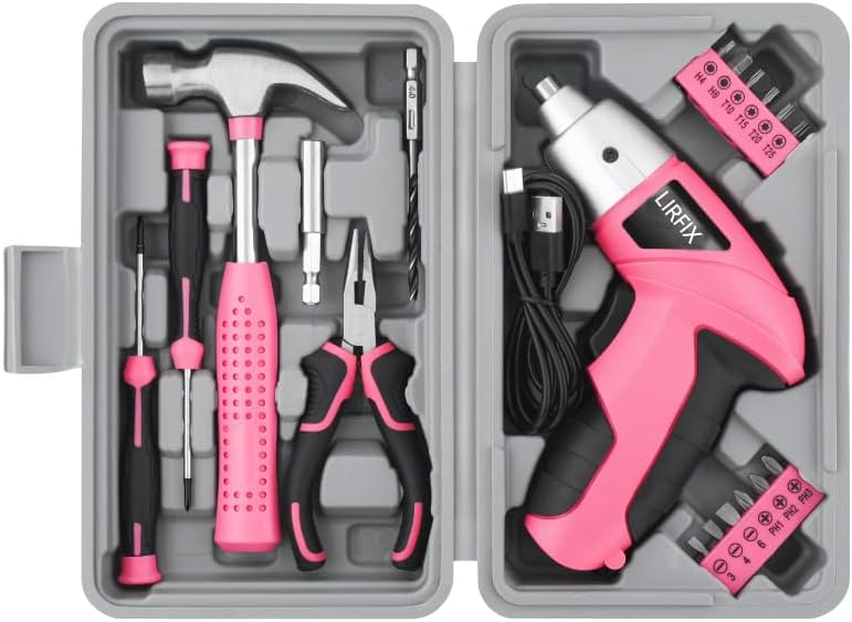 Pink 20-Piece 3.6V USB Rechargeable Cordless Screwdriver Set - Compact Toolbox with Claw Hammer, Needle-Nose Pliers & Screwdriver Bits, Low-Power Electric Tool Kit for Women, Ideal Gift