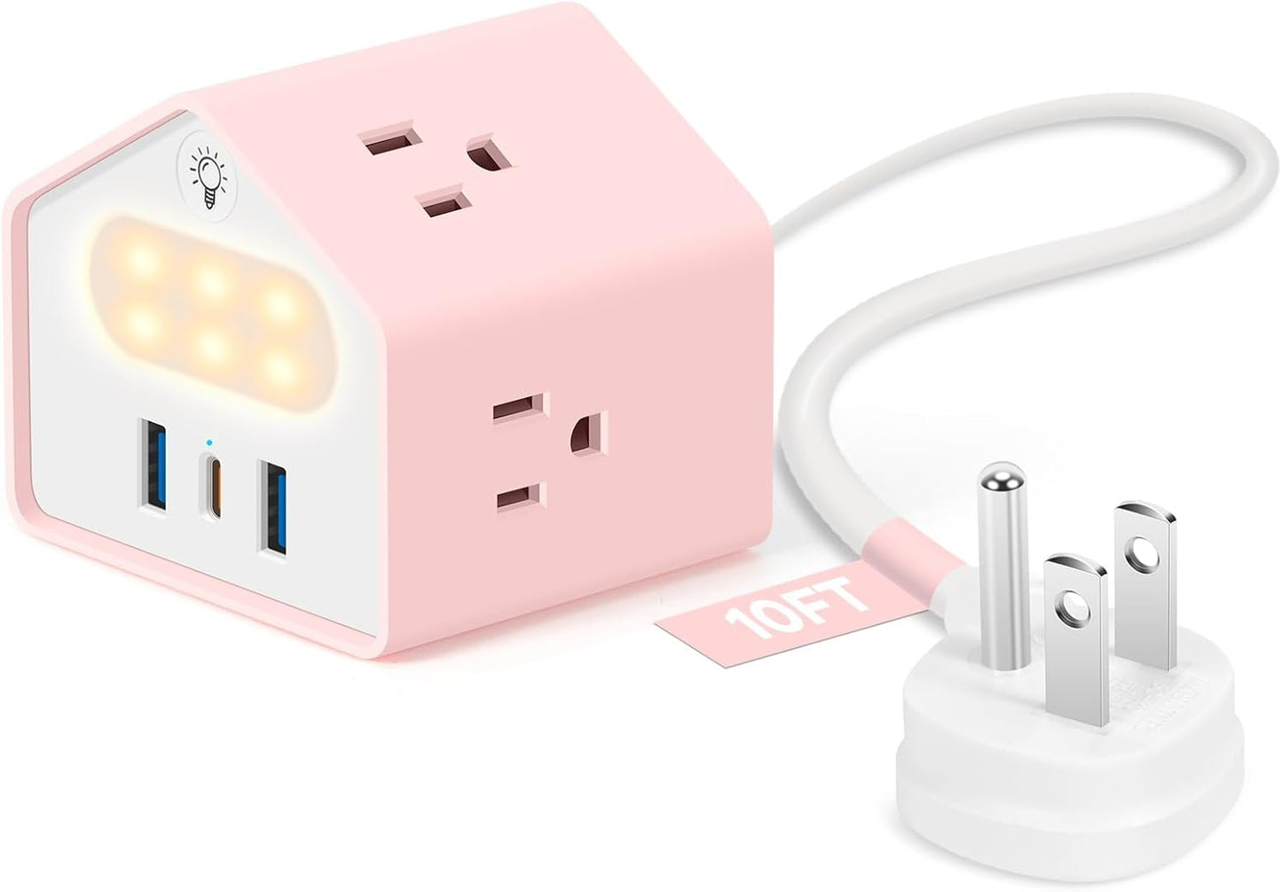 Lovely-Pink Power Strip with Night Light - Kawaii USB C Power Strip Desk Accessories - 4 Outlets 3 USB Ports - Overload Protection Plug Extender for Home, Office, Dorm, Travel, Hotel, Women, Girls