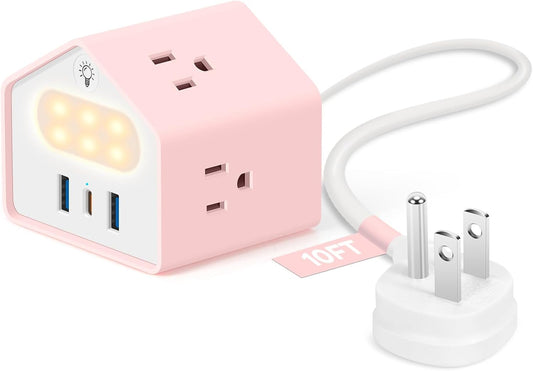 Lovely-Pink Power Strip with Night Light - Kawaii USB C Power Strip Desk Accessories - 4 Outlets 3 USB Ports - Overload Protection Plug Extender for Home, Office, Dorm, Travel, Hotel, Women, Girls