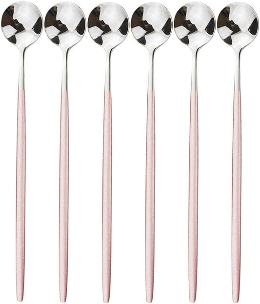 Pink Silver Long Handled 304 Stainless Steel Cutlery Ice Cream Tea Spoons Mixing Spoon Dinnerware Tableware Kitchen Service Party Set 6 pieces