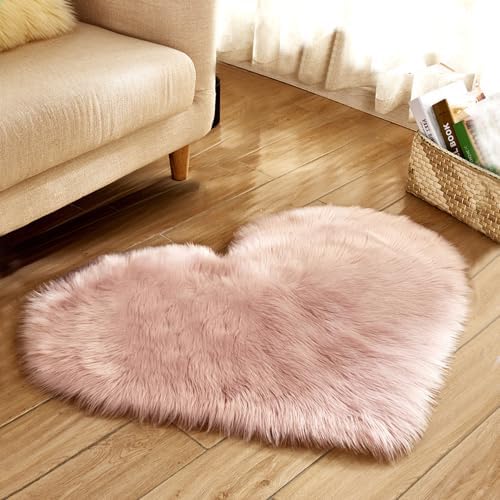 Faux Fur Sheepskin Heart Shaped Area Rugs, 16"x20" Luxurious Wool Love Floor Carpets Bathroom Non-Slip Mat for Home Decor Nursery Living Room Bedroom Pet Kids and Baby Room (Pink)