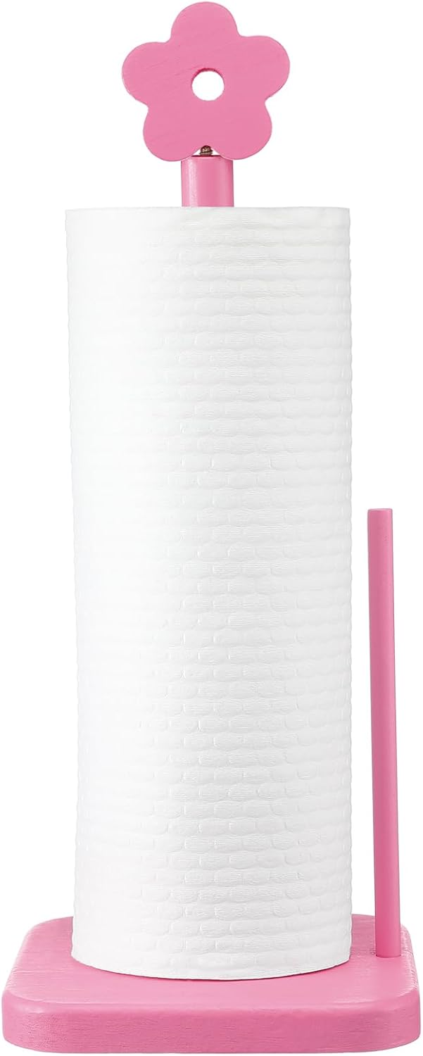 Leinuosen Pink Flower Paper Towel Holder Coquettish Cute Flower Wooden Paper Towel Holder Pink Bathroom Countertop Accessories Kitchen Roll Stand Organizer Standing Apartment Decor Housewarming Gift