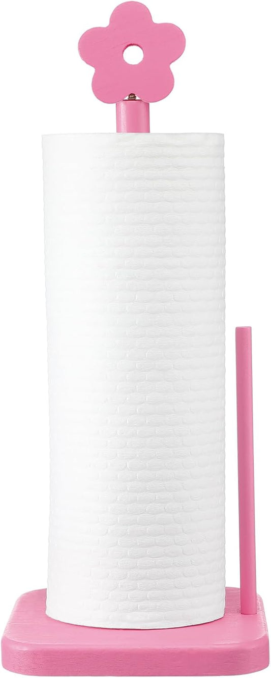 Leinuosen Pink Flower Paper Towel Holder Coquettish Cute Flower Wooden Paper Towel Holder Pink Bathroom Countertop Accessories Kitchen Roll Stand Organizer Standing Apartment Decor Housewarming Gift