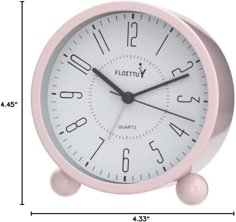FLOITTUY Super Silent Metal Alarm Clock,Beep Wake Round Alarm Clock with Night Light,Battery Operated,Easy Set,Simple & Retro for Desk, Bedroom and Home Decoration(Pink)