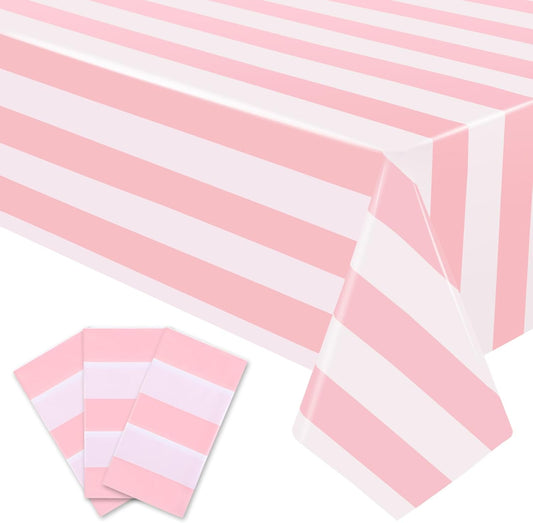 3 Packs Pink and White Striped Tablecloths 54 x 108 Inch Disposable Waterproof Plastic Table Covers Vertical Pink Striped Tablecloths for Birthday Party Baby Shower Wedding Outdoor Picnic