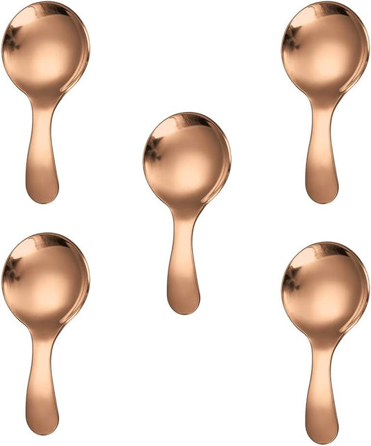 5PCS Short Handle Spoon, Stainless Steel Mini Spoons Thickened Small Round Spoon For Salt Condiments Dessert Tea Coffee (Rose Gold)