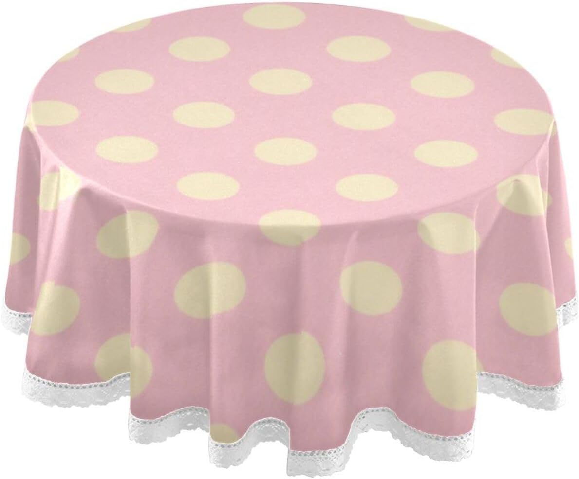 Peach Polka Dot Pattern Round Modern Tablecloth 60 Inch Machine Washable Polyester Lace Trimmed, Circular placemats for Picnic Home DecorSize 60in