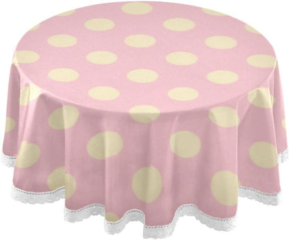 Peach Polka Dot Pattern Round Modern Tablecloth 60 Inch Machine Washable Polyester Lace Trimmed, Circular placemats for Picnic Home DecorSize 60in