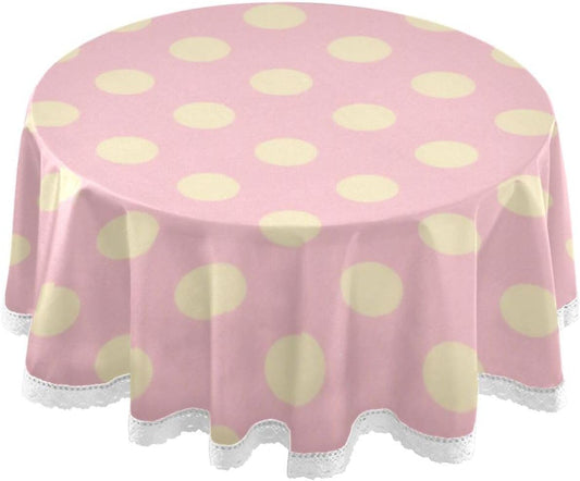 Peach Polka Dot Pattern Round Modern Tablecloth 60 Inch Machine Washable Polyester Lace Trimmed, Circular placemats for Picnic Home DecorSize 60in