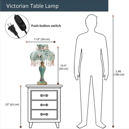 Floral Victorian Lamp Green Fabric Table Lamp European Pastoral Night Stand Lamp Romantic 1 Light Cute Pink Flower Desk Light Vintage Cloth Lace Lampshade with Beaded