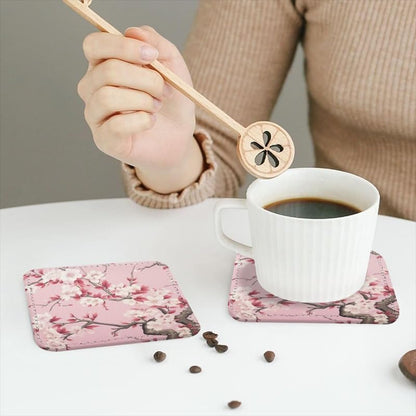 PU Leather Coasters for Drinks Bar Beer,Set of 6 with Holder,Square Housewarming Gift,Pink Flower in The Style of Chinese Art