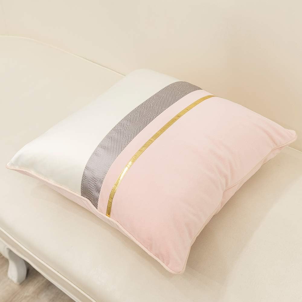 Avigers 18 x 18 Inches Pink White Gold Leather Striped Patchwork Velvet Cushion Case Luxury Modern Throw Pillow Cover Decorative Pillow for Couch Living Room Bedroom Car