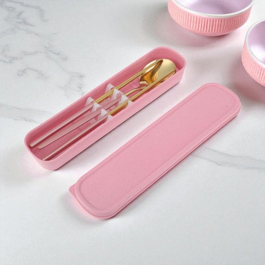 Livvera 2-Piece 410 Stainless Steel Spoon and Chopsticks Set, 9.33-Inch Portable Dining Set, Pink and Gold Tone