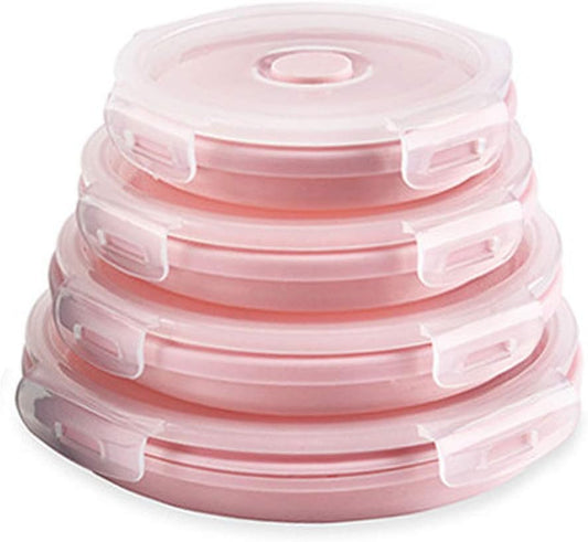 CARTINTS Silicone Collapsible Food Storage Containers-Prep/Storage Bowls with Lids – Set of 4 Round Silicone Lunch Containers – Microwave and Freezer Food Containers(pink)