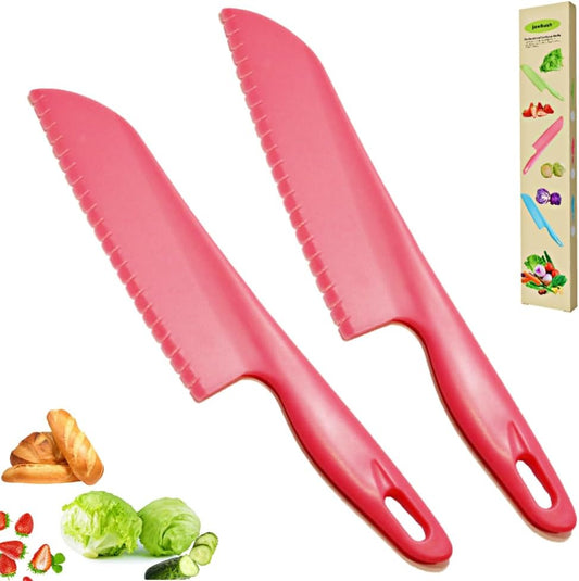 jawbush 11" Professional Plastic Lettuce Knife with Serrated Edges for Cutting Salad Fruit Cake Bread Brownie Lasagna or Various Veggies, Pizza Cutter, Nylon Knife for Nonstick Pans, 2 Pack Pink