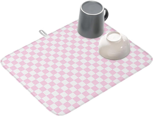Dish Drying Mat for Kitchen Counter,Pastoral Pink White Buffalo Check Absorbent Microfiber Drainer Rack Pad Modern Geometric Plaid Quick Dry Mat for Sinks Dishes Utensils 18x24in,1 Pack